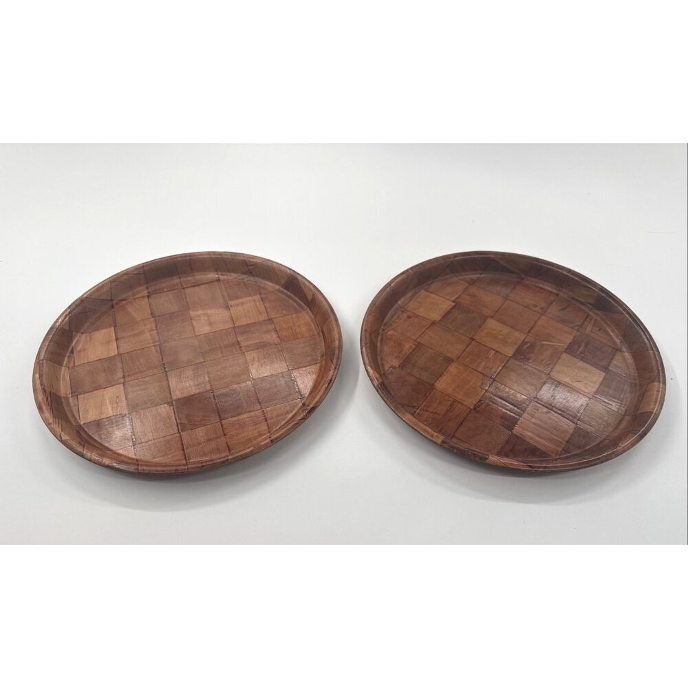 Vintage Parquet Weave Wood Round Serving Platters 2 Large 13” Woven Mid Century